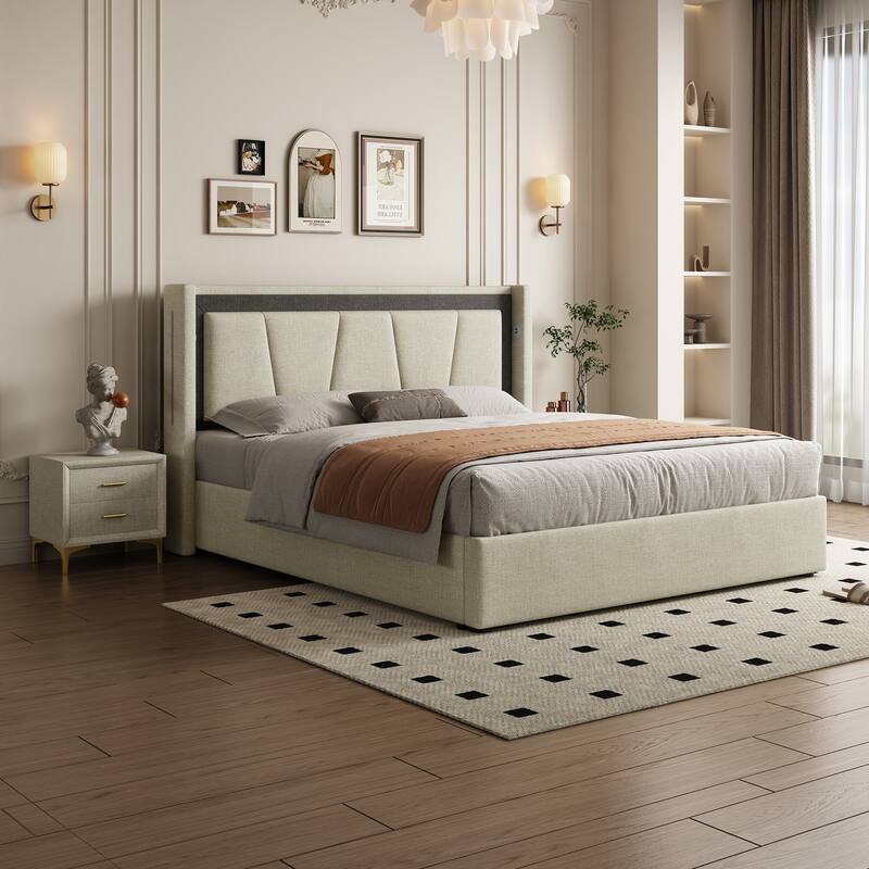 Modern Style Queen Size Cotton and Linen Fabric Storage Bed for Bedroom