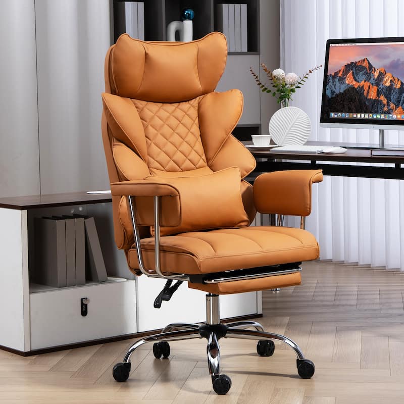 Comfortable Ergonomic Office Chair with Foot Rest, PU Leather Reclining Chair with Adjustable Height Headrest and Waist Lumber - Brown