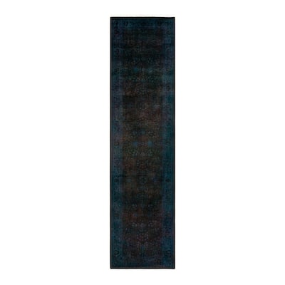 Overton Hand Knotted Wool Vintage Inspired Modern Contemporary Overdyed Blue Runner Rug - 3' 1" x 12' 4"