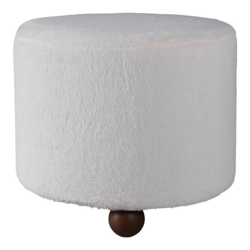 Wood Faux Fur Ottoman Ball Feet Luxury Pouf Footstool - 15" Ivory