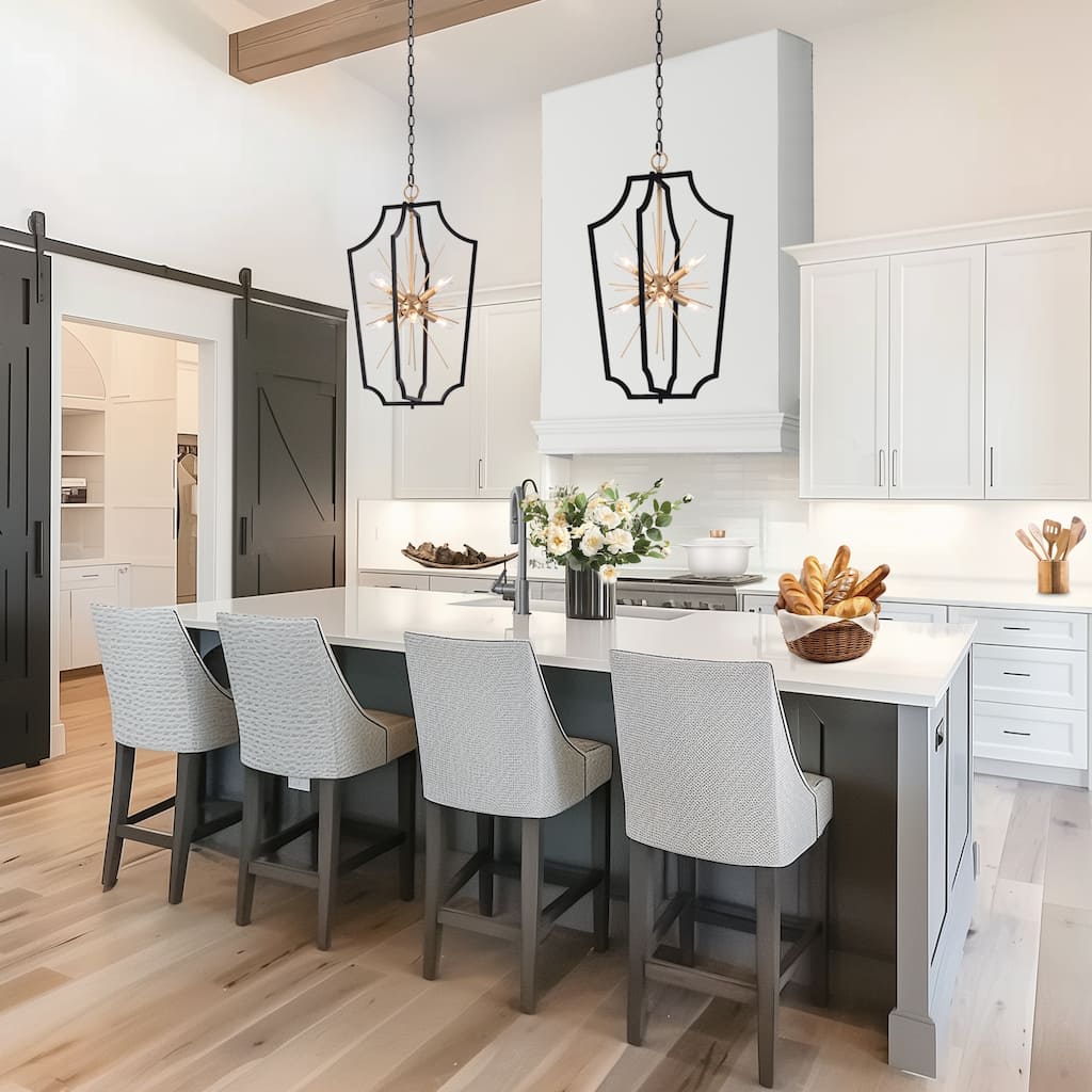 Modern Glam 6-Light Black Gold Sputnik Chandelier Cage Pendant Light for Dining Room - 14.5'' D x 26.5'' H