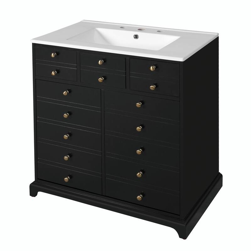 30'' Bathroom Vanity with Ceramic Sink Combo, Solid Wood Frame Bathroom Storage Cabinet