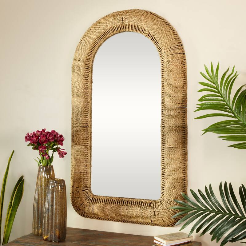Brown Rattan Woven Room Wall Mirror with Arched Top - 27 x 3 x 48