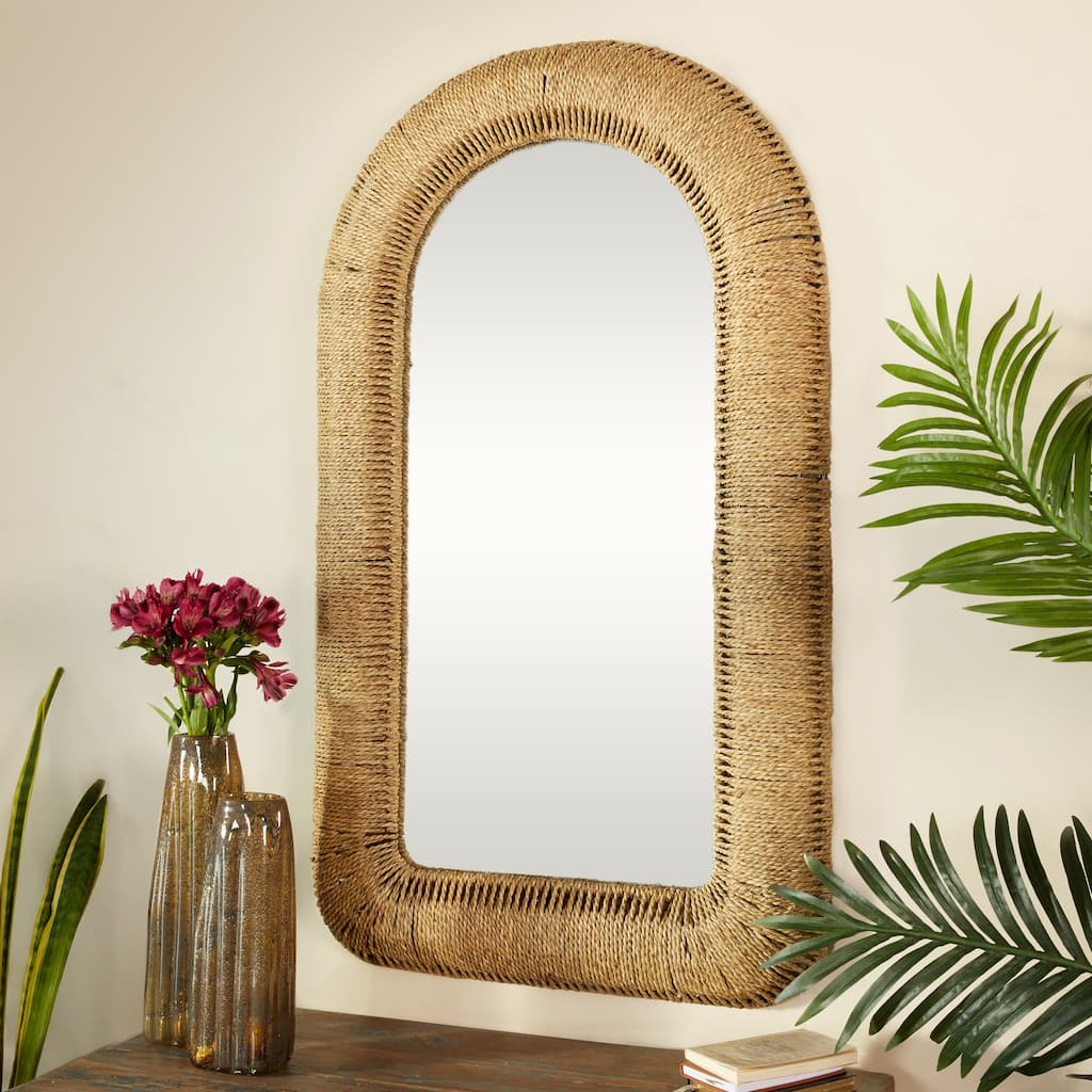 Brown Rattan Woven Room Wall Mirror with Arched Top - 27 x 3 x 48