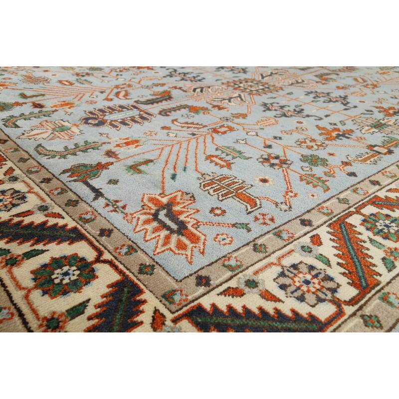 Light Blue Geometric Oushak Oriental Area Rug Hand-Knotted Wool Carpet - 7'10"x 9'10"
