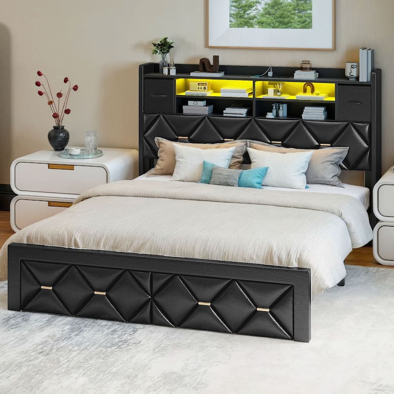 Black Farmhouse Bed Frame Upholstered Headboard Platform Bed with Charging Station
