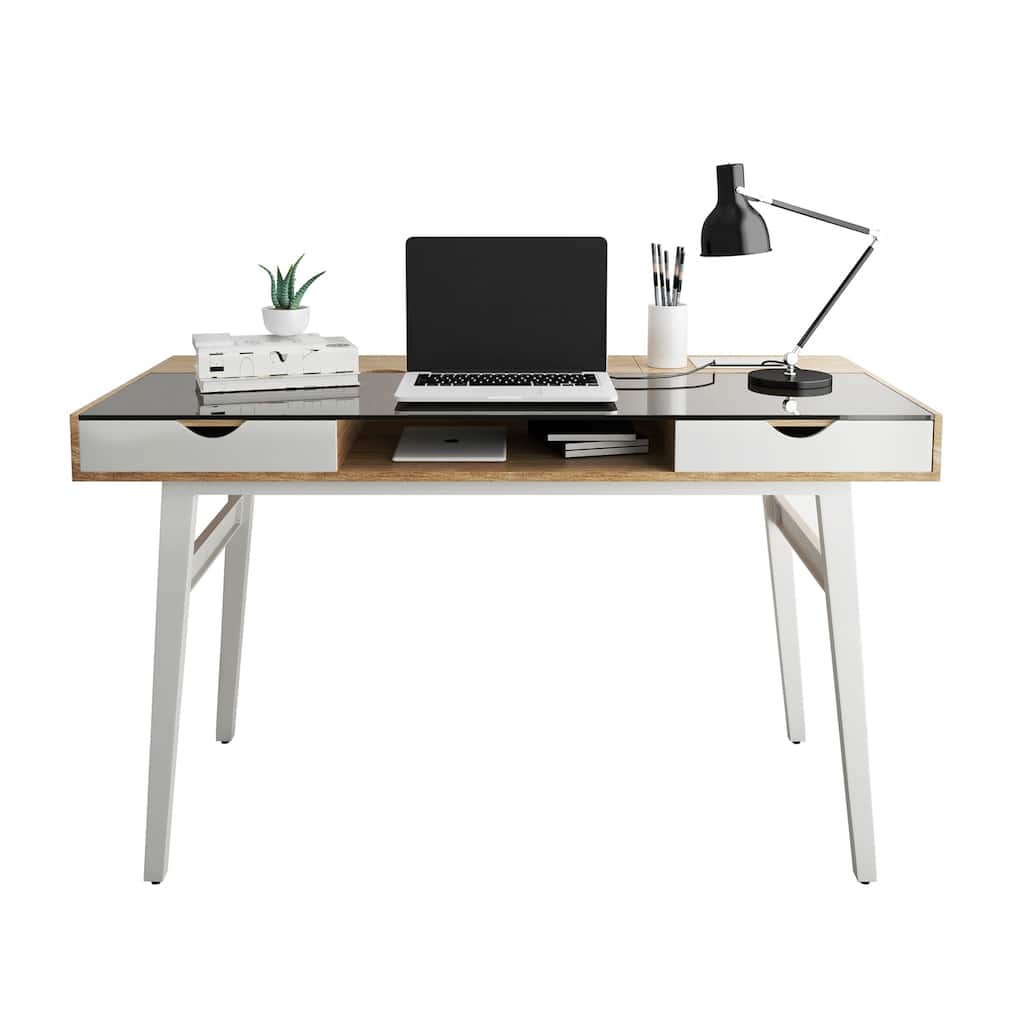 Compact Computer Desk - Black Glass Top, Storage Shelf, Modern Office Desk, Sturdy Steel Frame