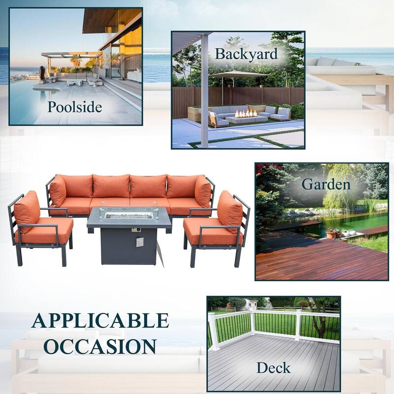 Chelsea 7-Piece Outdoor Patio Sectional Set with Firepit Table in Black Aluminum for Backyard Garden and Patio Deck