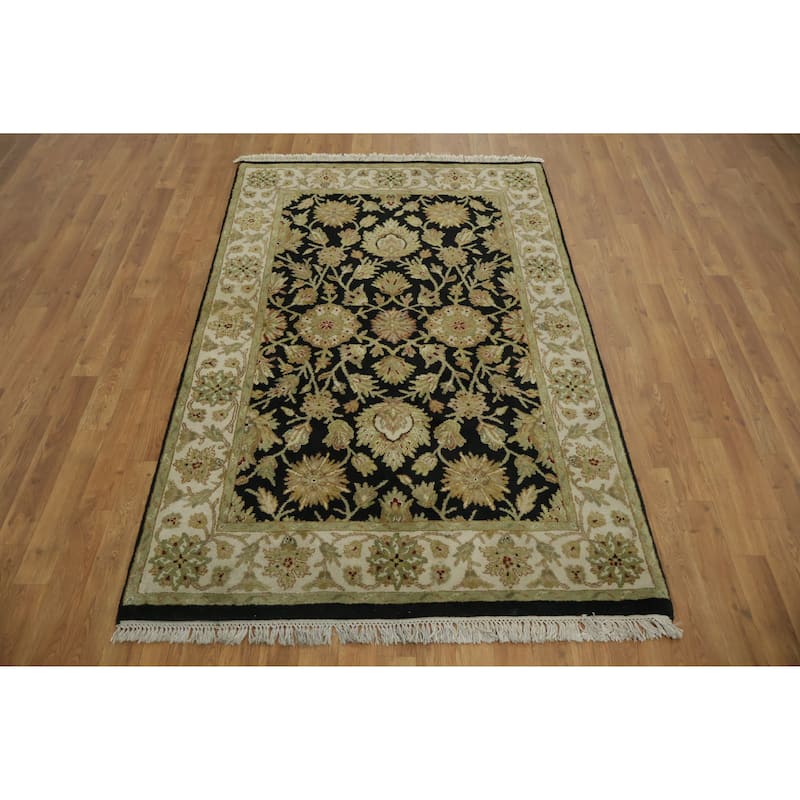 Hand Knotted Oriental 100% Wool Carpet Traditional Floral Black Agra Area Rug - 6' 4'' X 4' 1''