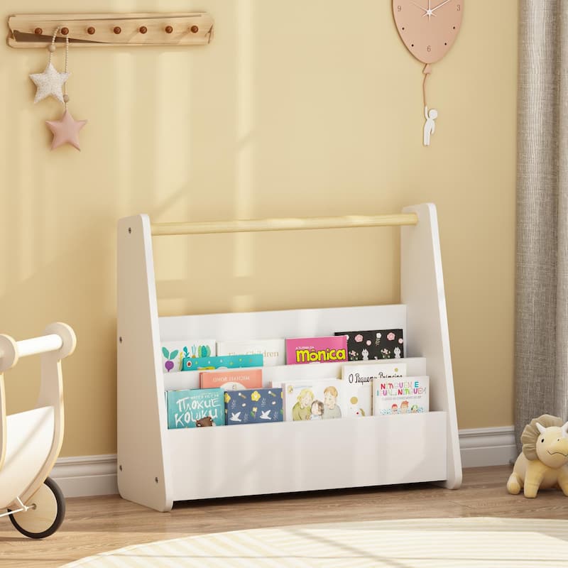 Kids Bookshelf with Wooden Handle, 2-Tier Front-Facing Toddler Bookcase, Portable Children's Book Storage Organizer for Bedroom