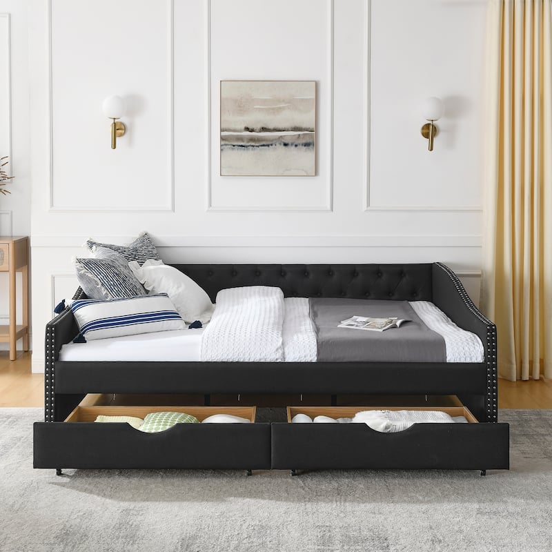 Queen Size Daybed with Drawers Upholstered Tufted Sofa Bed