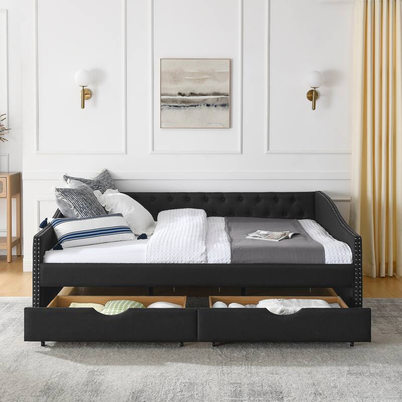 Roomfitters Twin/Full/Queen Upholstered Daybed with Tufted Backrest, Nailhead Trim and Underbed Storage Trundle
