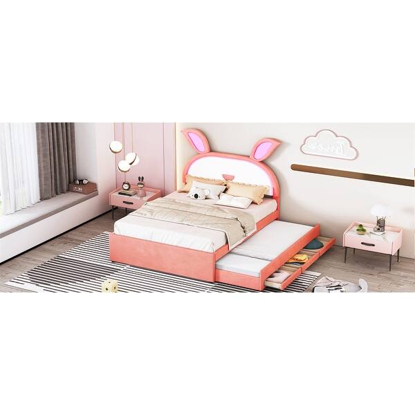 slide 2 of 17, Charming Upholstered Platform Bed with Trundle and Drawers for Kids Pink