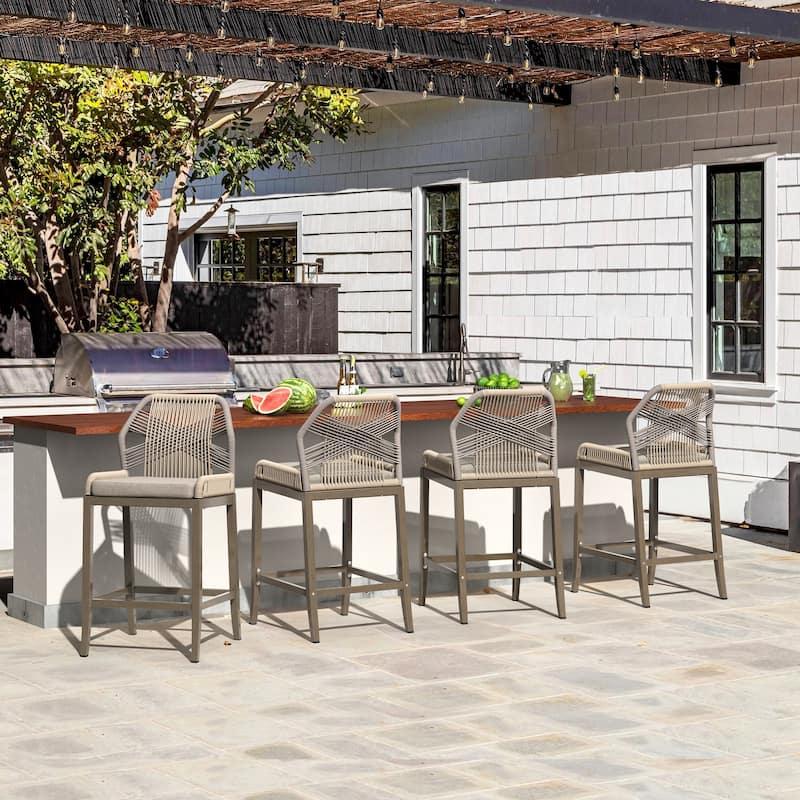 4 Set Modern Aluminum Twill Wicker Woven Outdoor Bar Stool Chair Set, Counter Height Stool with Back and Cushion - 40.6"H
