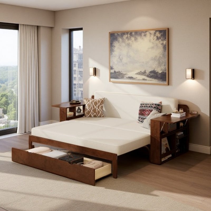 Queen 4-in-1 Multifunctional Daybed with Removable Desk, Storage Drawers & Hydraulic Armrests Design