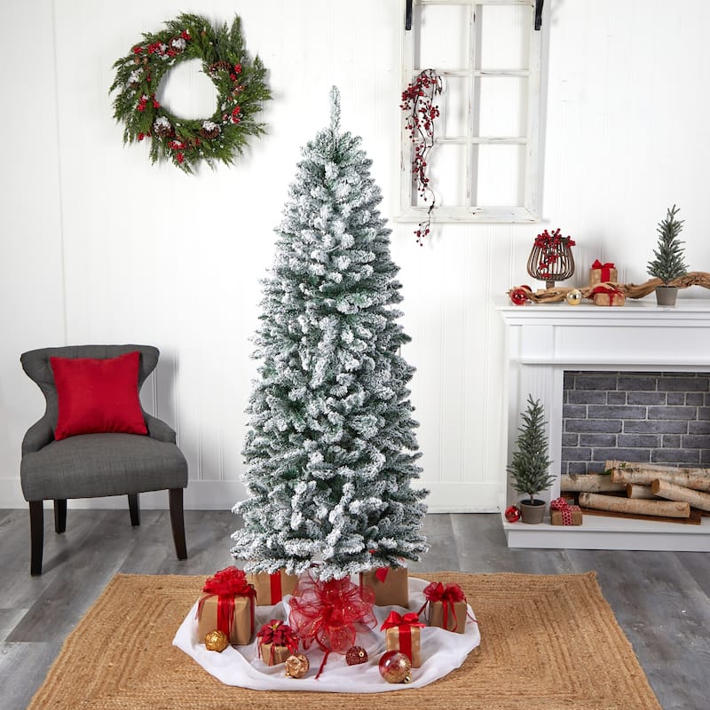 6ft Slim Artificial Christmas Tree with Lights - Winter Fir Tree, Prelit Holiday Decor, Realistic Flocked Tree - Green - 72