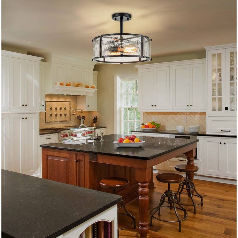 Starsky 2-Light 13in. Modern Caged Drum Semi Flush Mount with Textured Glass Shade