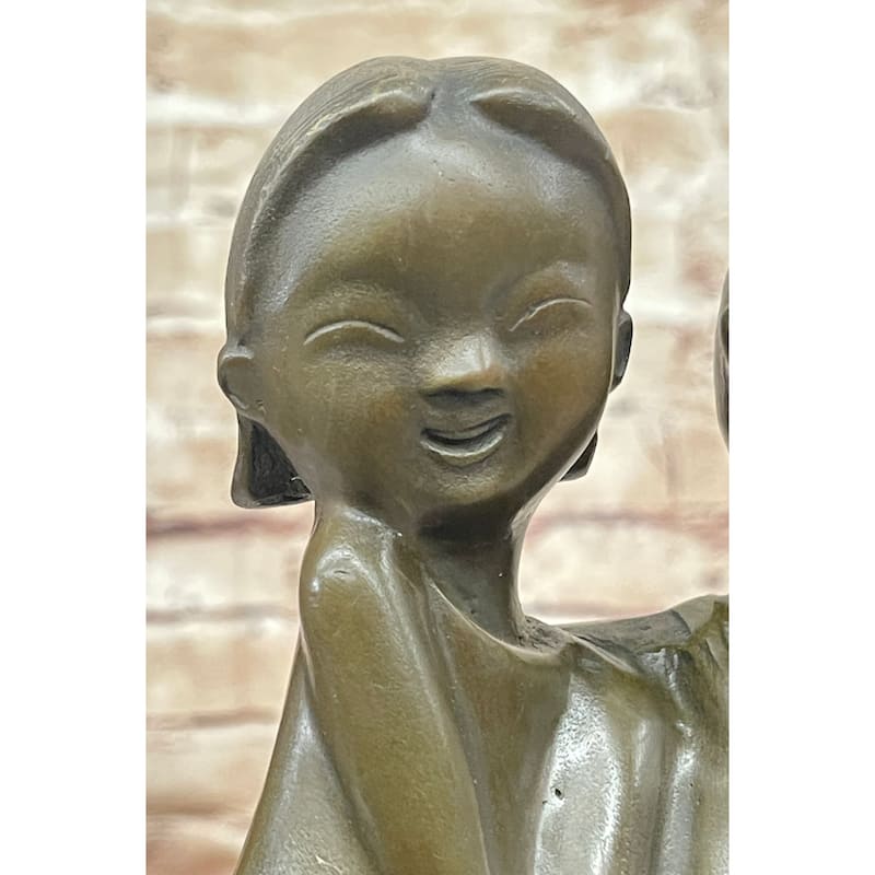 Chinese Children Brother And Sister Posing For Picture Collectible Bronze Sculpture By Zhang