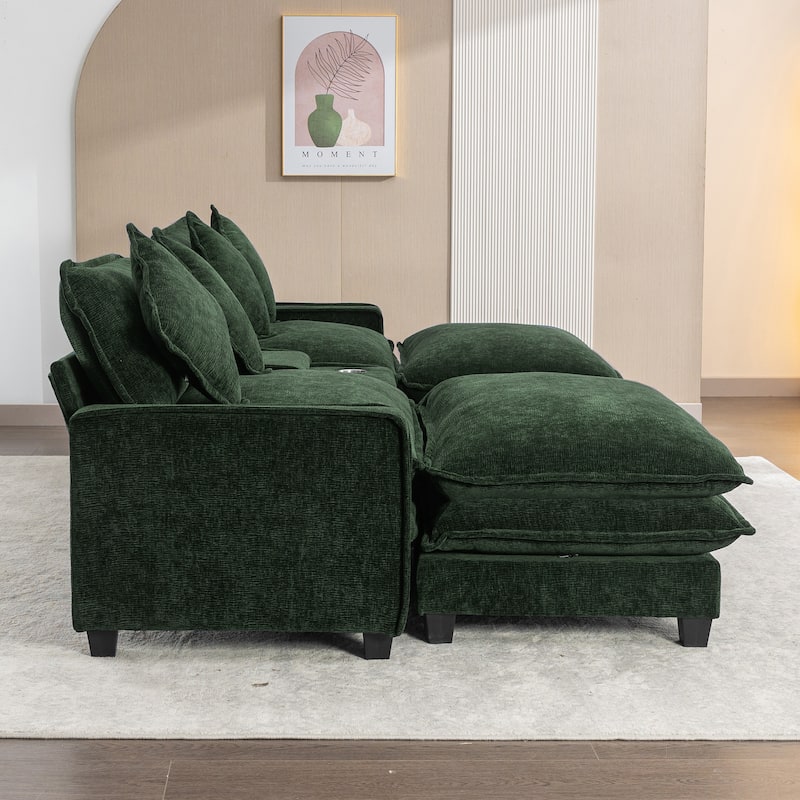 Roomfitters Chenille Sectional Sofa with 2 Ottomans, USB Ports, Cup Holders and Storage Box for Living Room