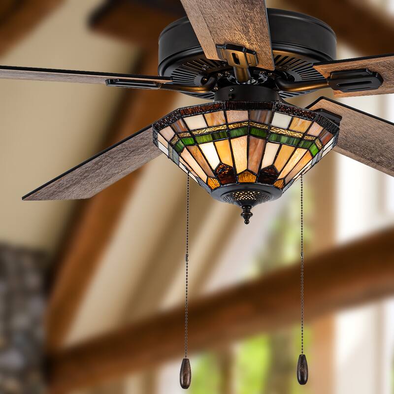 Shelby River of Goods Oil-Rubbed Bronze and Stained Glass 52-Inch 3-Light Ceiling Fan - 52" x 52" x 15"/20"