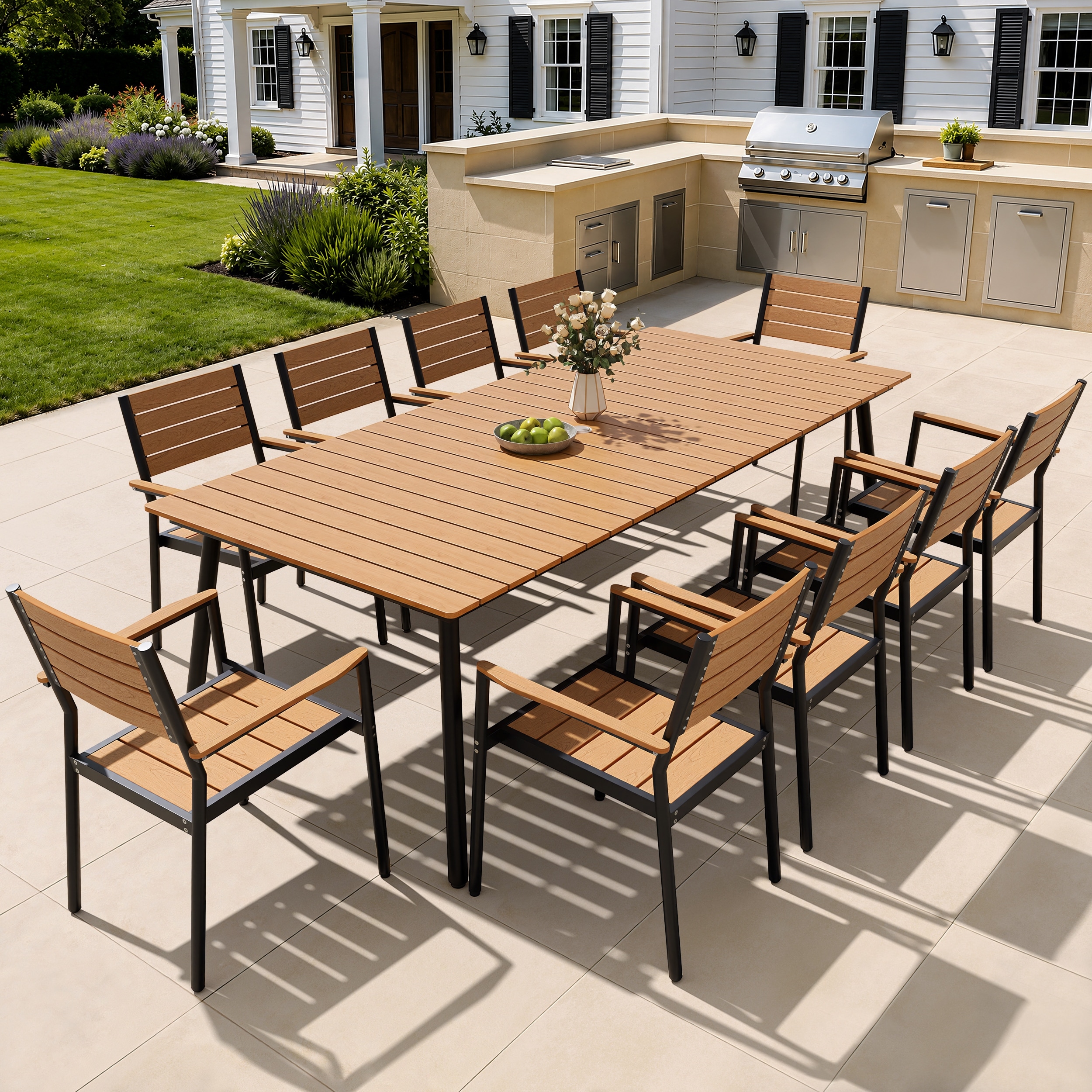 7/9/11-Piece Outdoor Dining Set Aluminum Dining Table with Umbrella Hole and Stackable Chairs