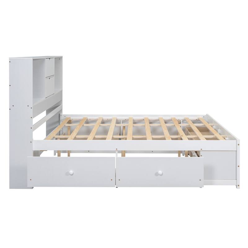 Modern Wooden Platform Bed with Storage Headboard & 8 Drawers