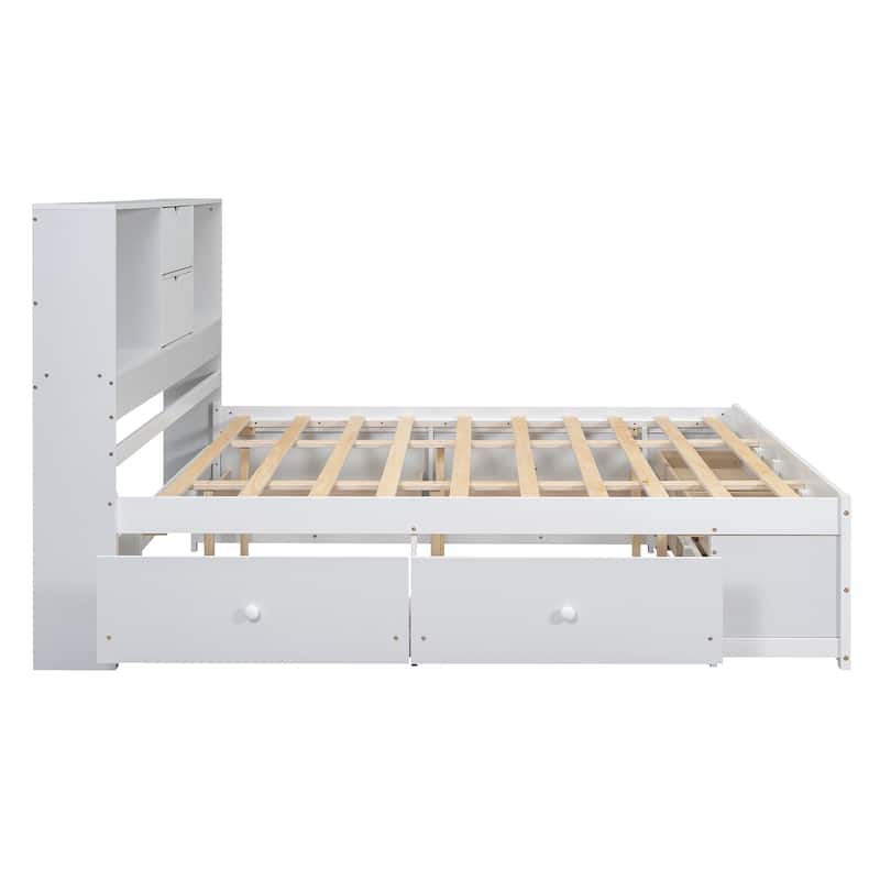 White King Size Modern Wooden Bed with Storage Headboard and 8 Drawers