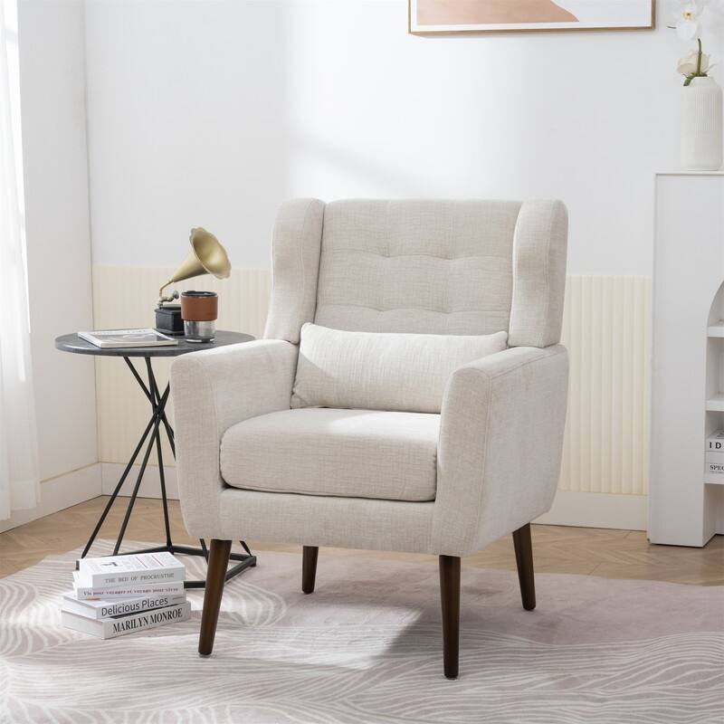 Modern Chenille Upholstered Armchair with Pillow and Solid Wood Leg