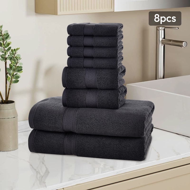 Extra Large 8 Pieces Bath Towel Set, 100% Cotton Highly Absorbent Towels for Bathroom - Dark Grey