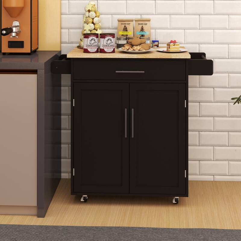 Rolling Kitchen Island with Rubber Wood Table Top, Kitchen Island Cart on Wheels with Adjustable Shelf, 1 Drawer & 2 Doors - Black