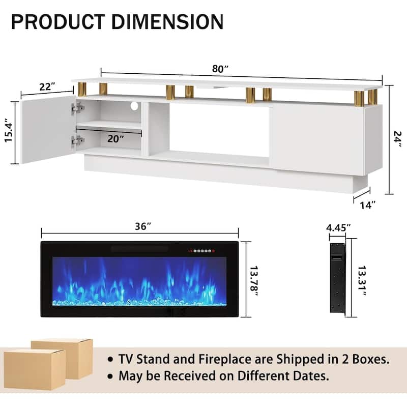 BOSSIN Modern 80" TV Stand with 36" Fireplace & LED Lights for TVs Up to 90", White with Golden Pillars, Storage Cabinets