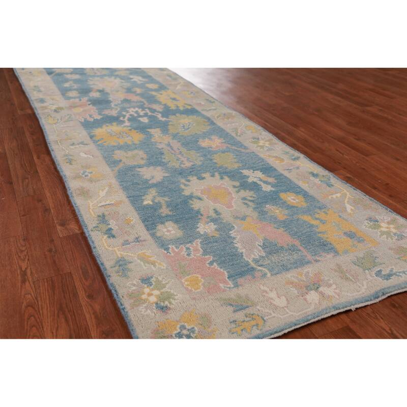 Hand Knotted Oriental 100% Wool Carpet Transitional Floral Navy Blue & Blues Oushak Runner Rug - 11' 7'' X 2' 10''