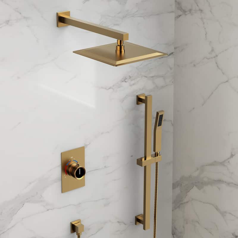 GRANDJOY 10" Rainfall Shower Head Wall Mounted Shower System and Handheld Spray with Slide Bar - Brushed Gold