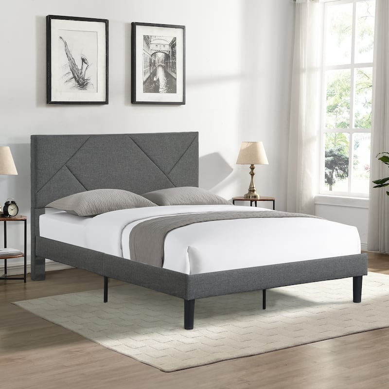 Queen Size Upholstered Platform Bed Frame ,Wood Slat Support, Easy Assembly