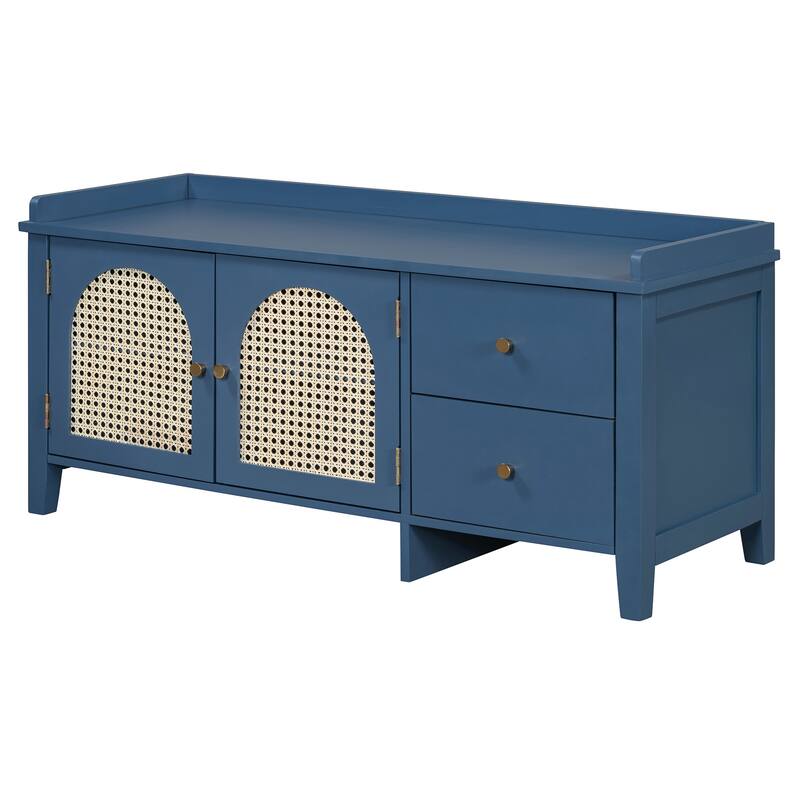 Wood Shoe Storage Bench with Cushion,2 Drawers and 2 Rattan Door