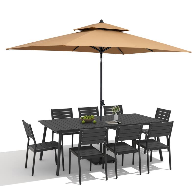 11-Piece Outdoor Dining Set Aluminum Table and 8 Stackable Chairs w/ 10 ft Umbrella and Base Stand