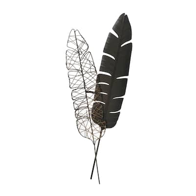 Feather Design Metal Wall Decor with Mounting Hardware, Set of 2, Black