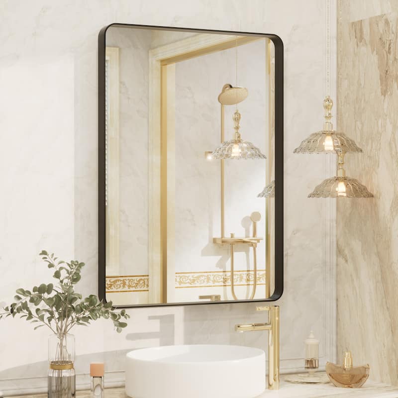 Aluminum Alloy Framed French Cleat Mounted Tempered Glass Wall Vanity Mirror - 28" x 20" - Black