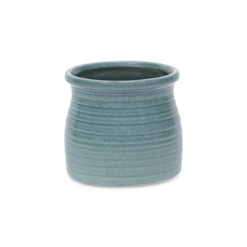 HomeRoots Celadon Ceramic 25 Ounce Striped Round Distressed Pot Planter - 5.00 in. x 4.75 in. x 5.00 in.