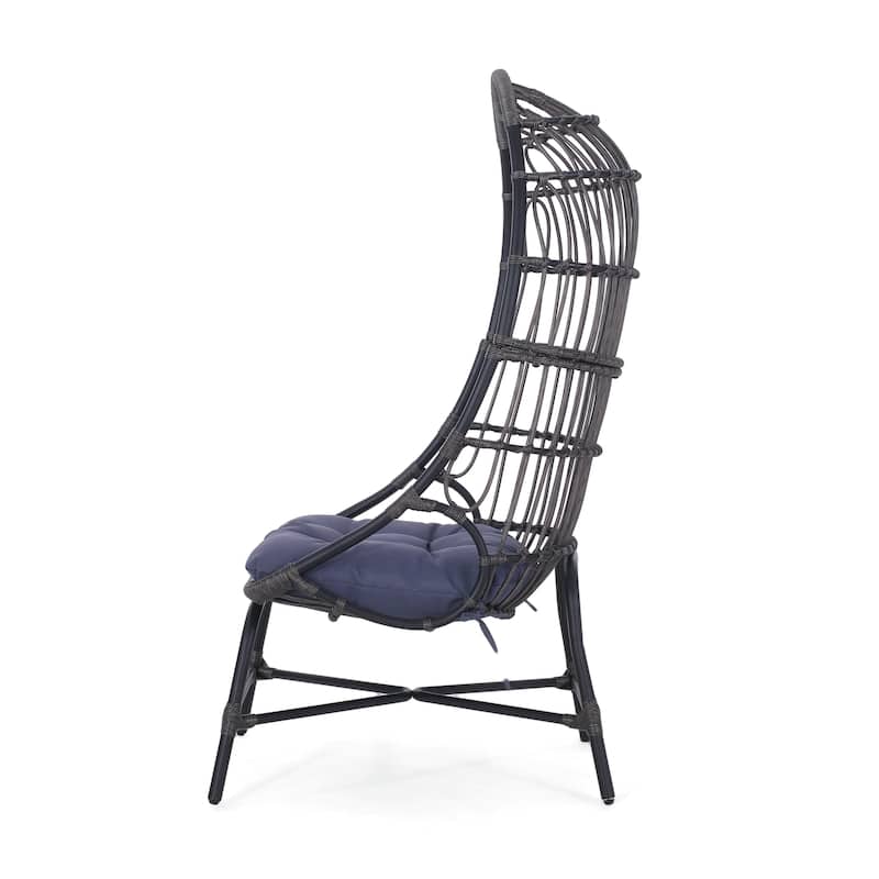 Elena Outdoor Chair, Basket Shape, Gray Fabric, Black PE Rattan, Iron