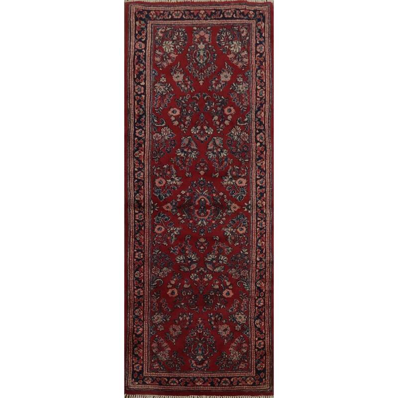 Hand Knotted Oriental 100% Wool Carpet Traditional All-Over Red Sarouk Runner Rug - 7' 6'' X 2' 8''