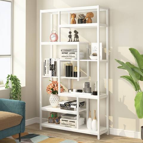 8-Shelves Staggered Bookshelf Industrial Etagere Bookcase