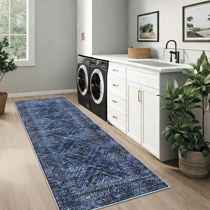 Vintage Geometric Living Room Rug Washable Indoor Bedroom Rugs Non Slip Low Pile Area Rug