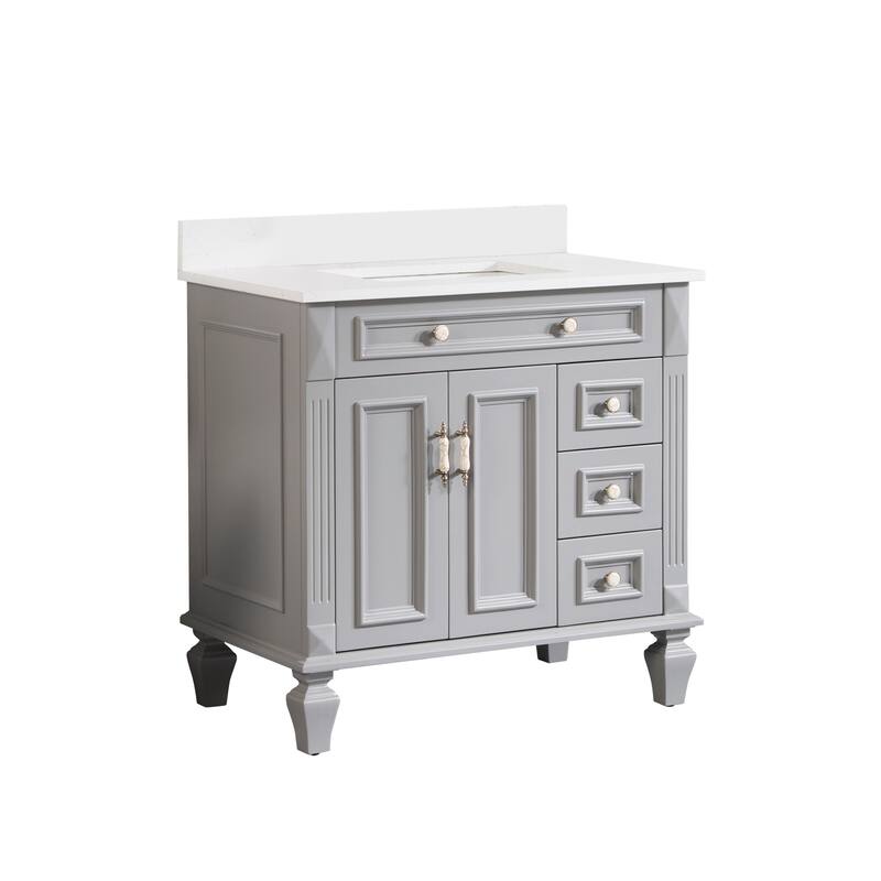 35'' H X 36'' W Solid Wood Bath Vanity with Stain-resistant Carrera Quartz Top and Single Sink