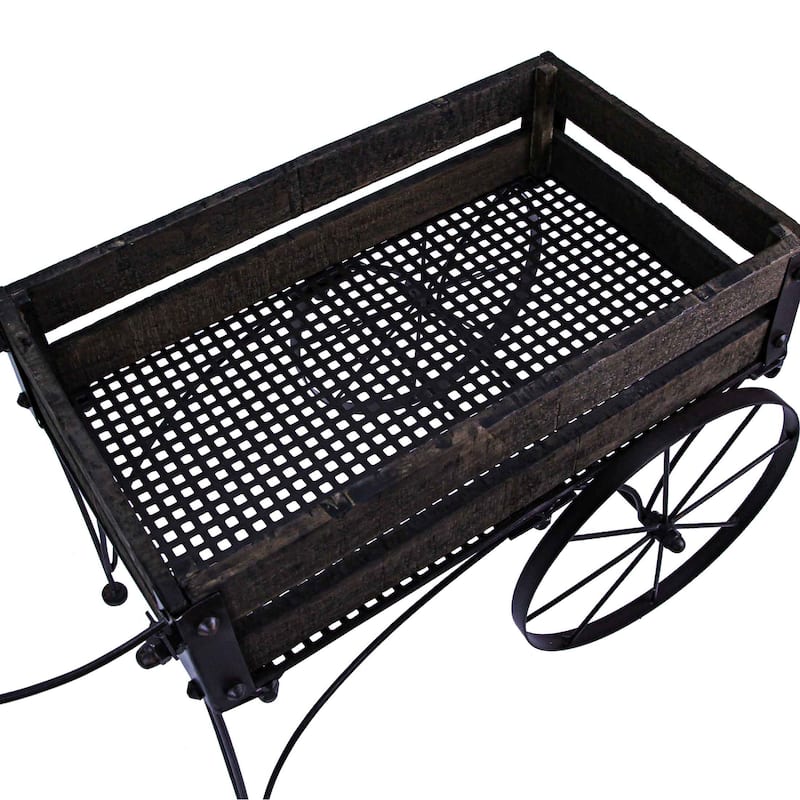 Zeckos 24 Inch Brown Wood & Metal Wagon Planter Indoor/ Outdoor - 15.5 X 24.5 X 13.5 inches