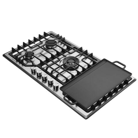 36 in. Stainless Steel Gas Cooktop,NG/LPG Convertible Gas Burners,5 Burners Gas Stovetop with grill pan.