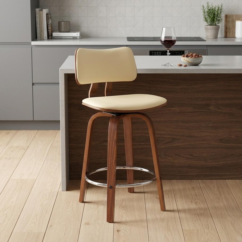 HomeRoots 26" Cream And Wood Brown Faux Leather Swivel Low Back Counter Height Bar Chair