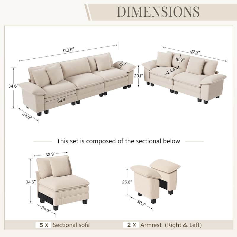 MAISON ARTS 2-Piece Chenille & Corduroy Sofa Set, Comfy 3/4/5-Seater Modular Loveseat & Armchair with Throw Pillows