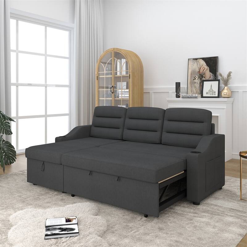83.5" Polyester Convertible Combo Sofa w/ Storage Recliner and Holder
