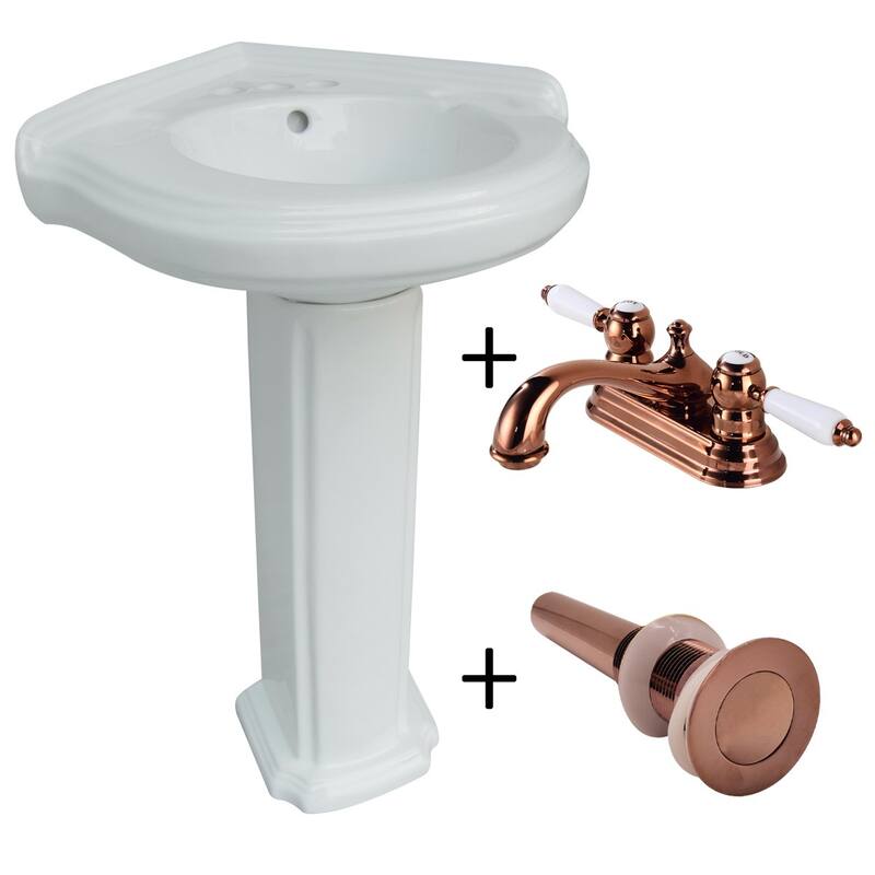 Portsmouth White Ceramic Corner Pedestal Sink with 4" Centerset Rose Gold Faucet, Drain and Overflow